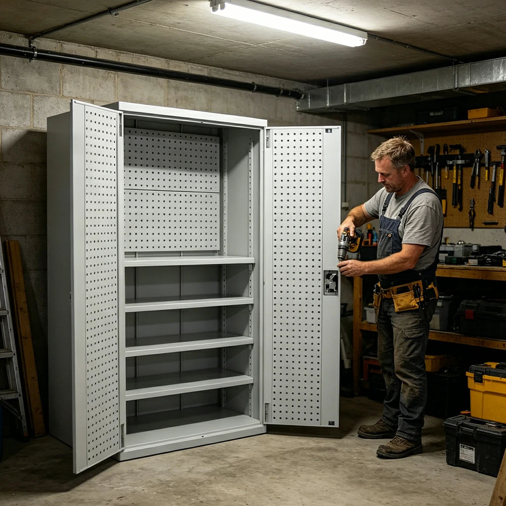 GROVIA Steel Storage Cabinet with Pegboard 1000x500x1800mm Heavy Duty Tool Organizer for Garage Workshop - Grey White