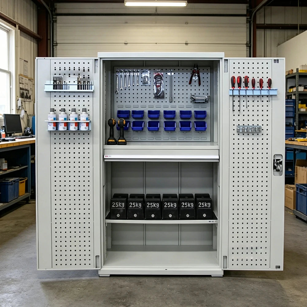 GROVIA Steel Storage Cabinet with Pegboard and Accessories 1000x500x1800mm Heavy Duty Tool Organizer for Garage Workshop - Grey White