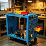 GROVIA Heavy Duty Tool Cart Double Tier with Pegboard 75/90/100cm Rolling Storage Trolley for Garage Workshop - Blue