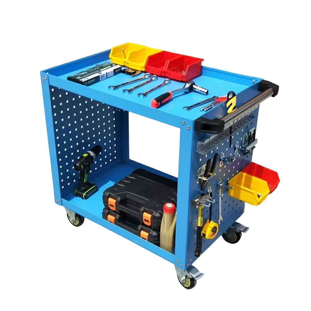 GROVIA Heavy Duty Tool Cart Double Tier with Pegboard 75/90/100cm Rolling Storage Trolley for Garage Workshop - Blue