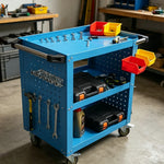 GROVIA Heavy Duty Tool Cart Triple Tier with Pegboard 75/90/100cm Rolling Storage Trolley for Garage Workshop - Blue