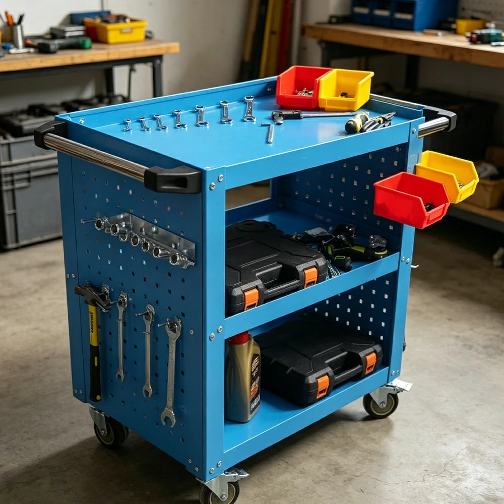 GROVIA Heavy Duty Tool Cart Triple Tier with Pegboard 75/90/100cm Rolling Storage Trolley for Garage Workshop - Blue