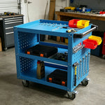 GROVIA Heavy Duty Tool Cart Triple Tier with Pegboard 75/90/100cm Rolling Storage Trolley for Garage Workshop - Blue