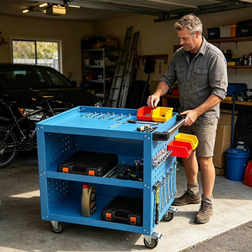 GROVIA Heavy Duty Tool Cart Triple Tier with Pegboard 75/90/100cm Rolling Storage Trolley for Garage Workshop - Blue