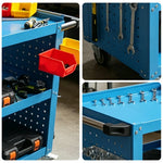 GROVIA Heavy Duty Tool Cart Triple Tier with Pegboard 75/90/100cm Rolling Storage Trolley for Garage Workshop - Blue