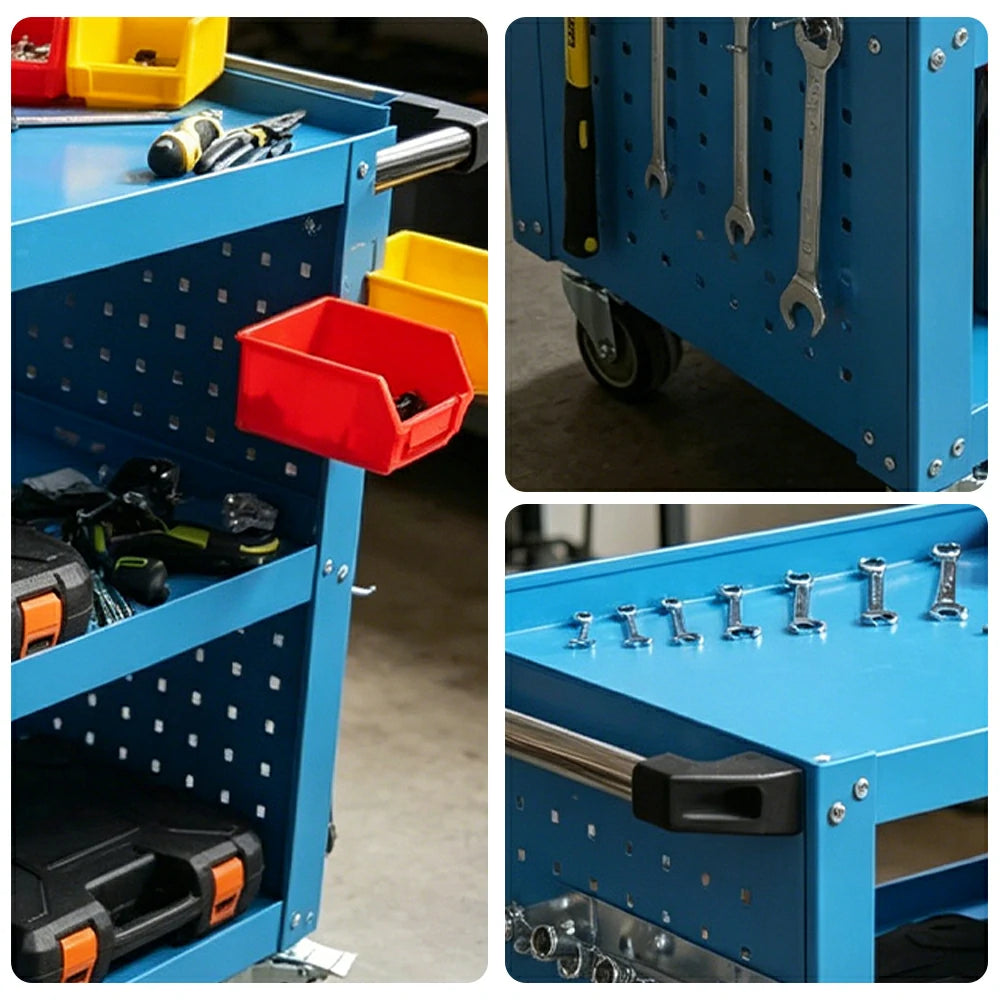 GROVIA Heavy Duty Tool Cart Triple Tier with Pegboard 75/90/100cm Rolling Storage Trolley for Garage Workshop - Blue