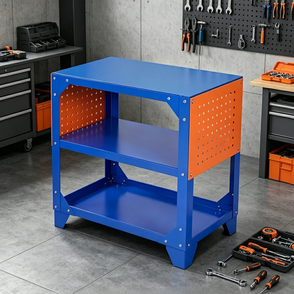 GROVIA Heavy Duty Steel Workbench Side Panel Design 68/78cm Compact Garage Workshop Table High Load Capacity - Blue