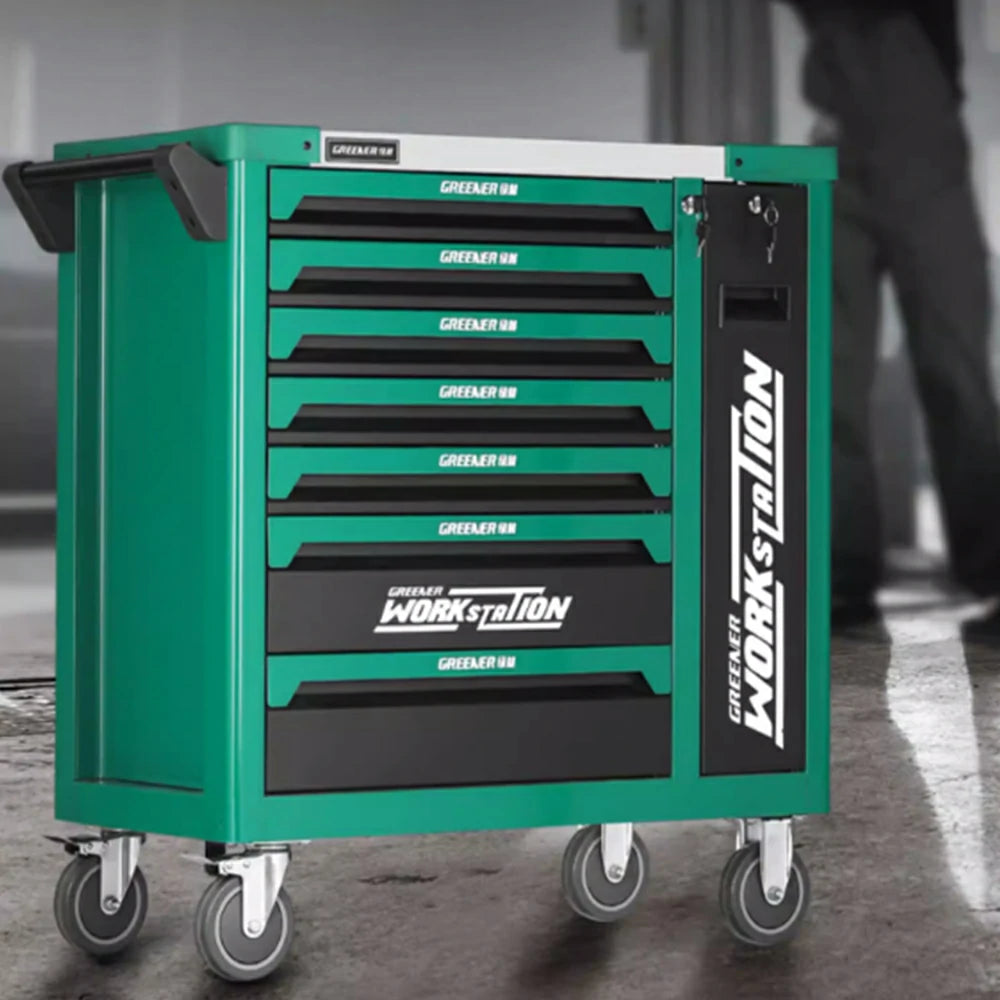 GROVIA 7 Drawer Tool Cabinet Side Pull Self Lock Stainless Steel Top Silent Dual Brake Wheels Garage Workshop - Green Black