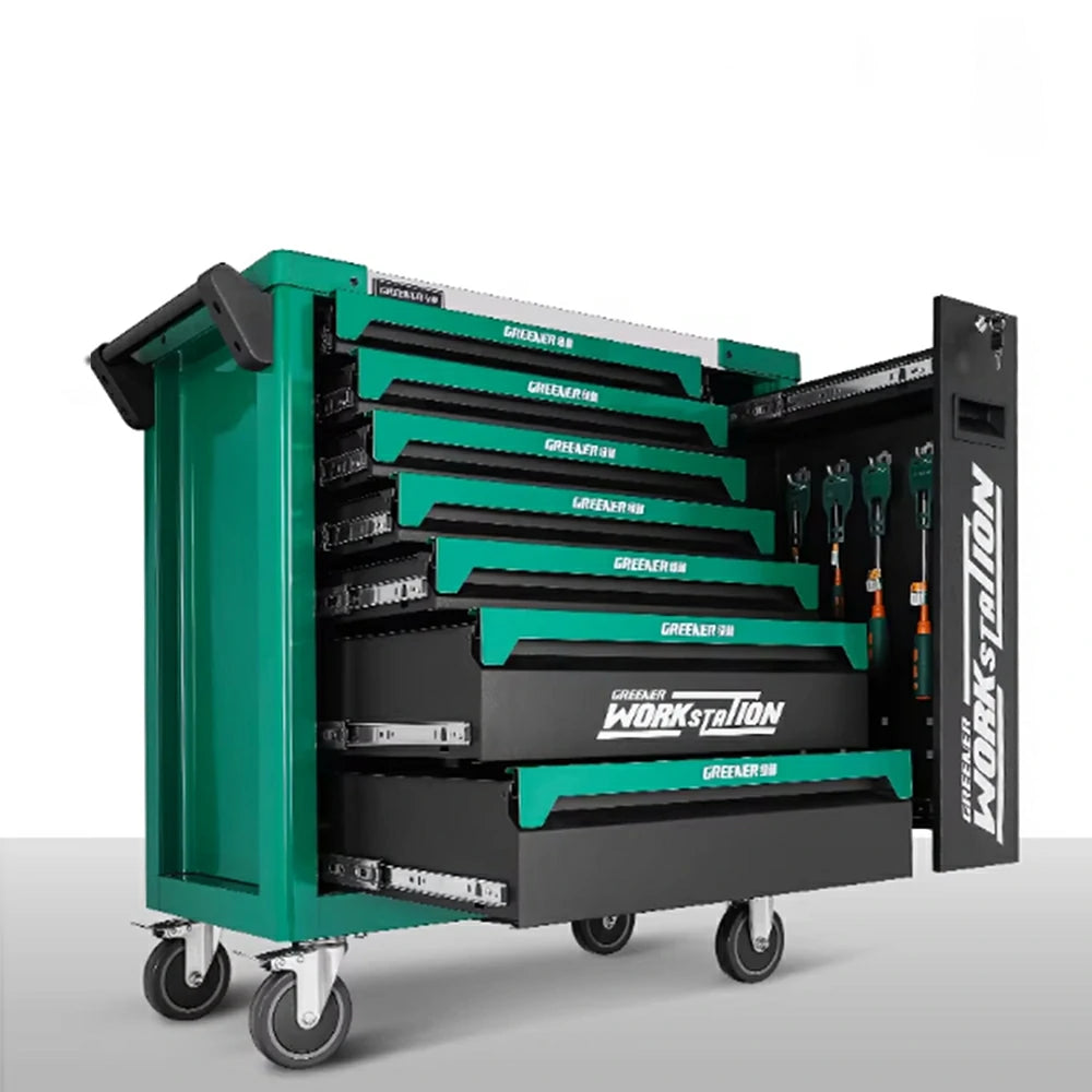 GROVIA 7 Drawer Tool Cabinet Side Pull Self Lock Stainless Steel Top Silent Dual Brake Wheels Garage Workshop - Green Black