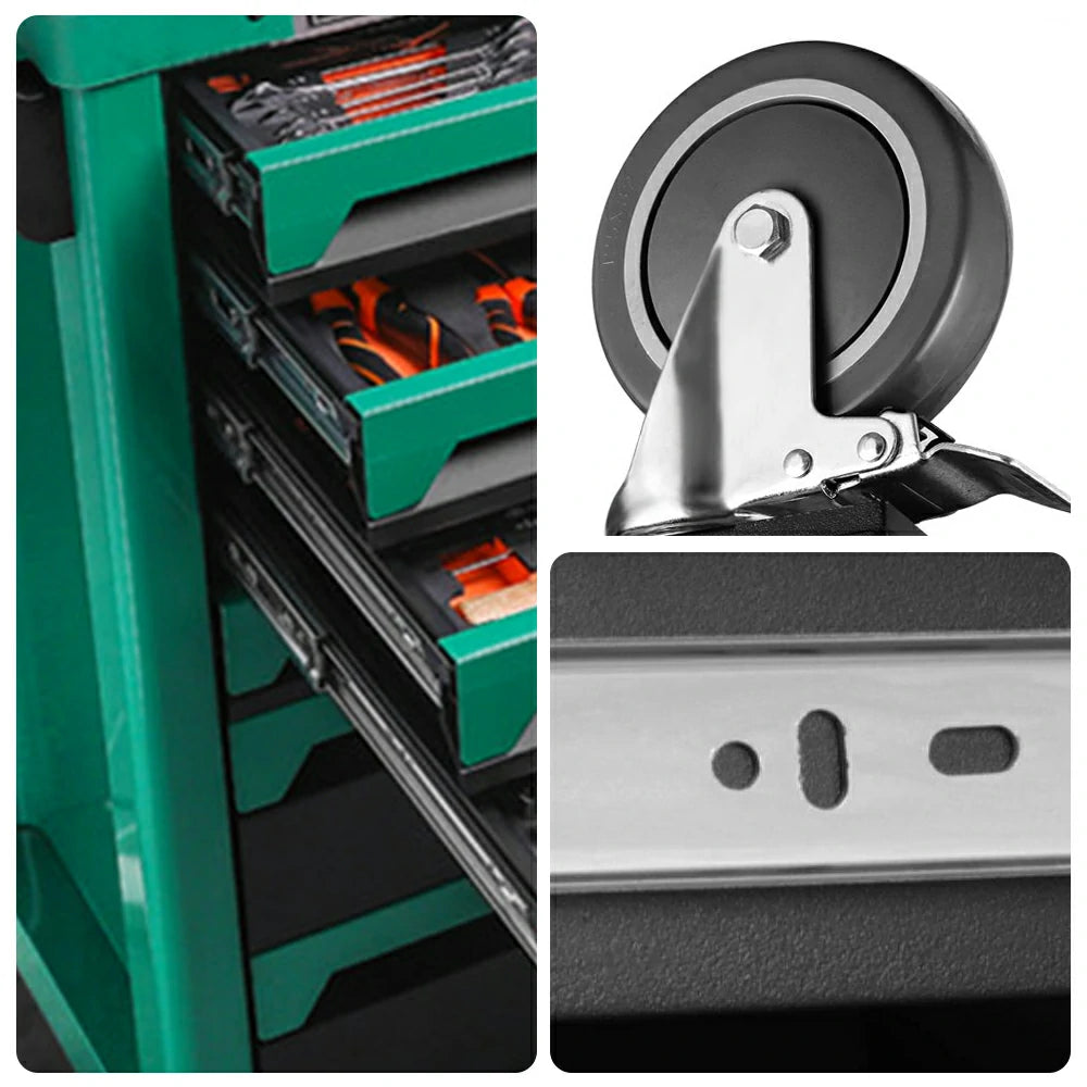 GROVIA 7 Drawer Tool Cabinet Side Pull Self Lock Stainless Steel Top Silent Dual Brake Wheels Garage Workshop - Green Black