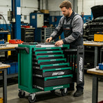 GROVIA 7 Drawer Tool Cabinet Side Pull Self Lock Stainless Steel Top Silent Dual Brake Wheels Garage Workshop - Green Black