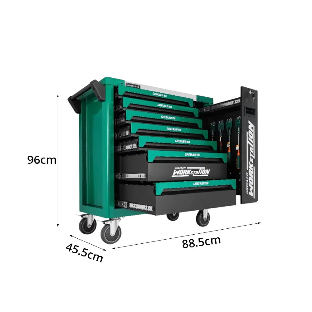 GROVIA 7 Drawer Tool Cabinet Side Pull Self Lock Stainless Steel Top Silent Dual Brake Wheels Garage Workshop - Green Black