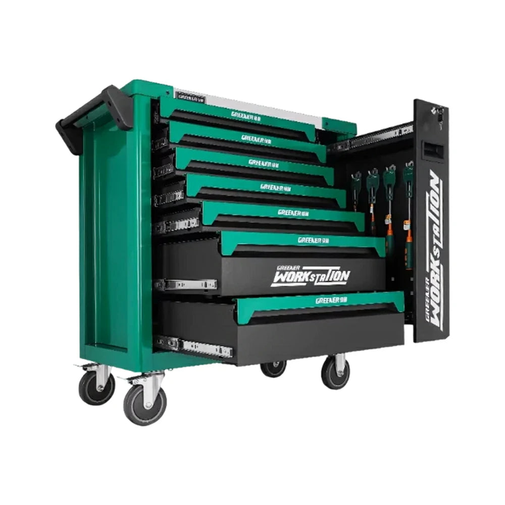 GROVIA 7 Drawer Tool Cabinet Side Pull Self Lock Stainless Steel Top Silent Dual Brake Wheels Garage Workshop - Green Black