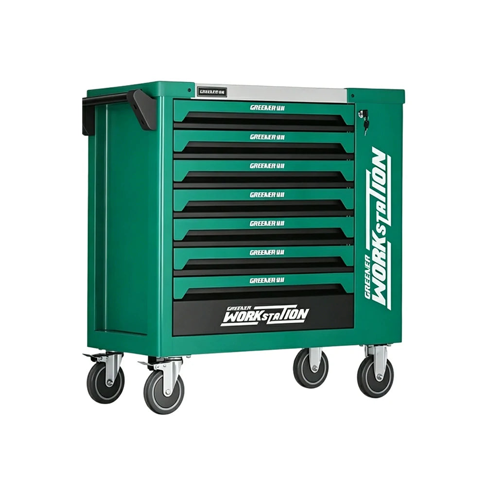 GROVIA 7 Drawer Tool Cabinet Side Storage Self Lock Stainless Steel Top Dual Brake Silent Wheels Garage Workshop - Green