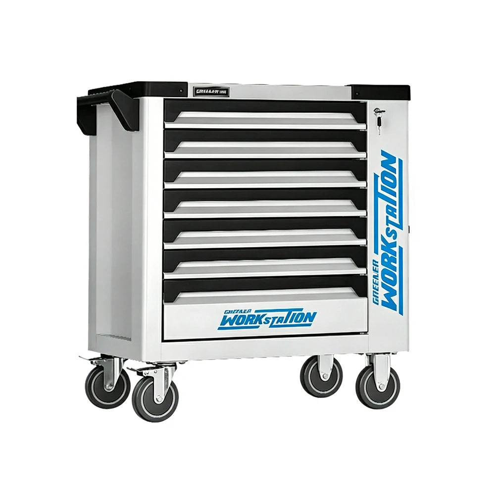 GROVIA 7 Drawer Tool Cabinet Side Storage Self Lock Stainless Steel Top Dual Brake Silent Wheels Garage Workshop - Grey