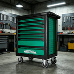 GROVIA 7 Drawer Tool Cabinet Self Lock Side Pegboard Dual Brake Silent Wheels Garage Workshop Storage - Green Black