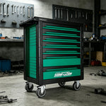 GROVIA 7 Drawer Tool Cabinet Self Lock Side Pegboard Dual Brake Silent Wheels Garage Workshop Storage - Green Black