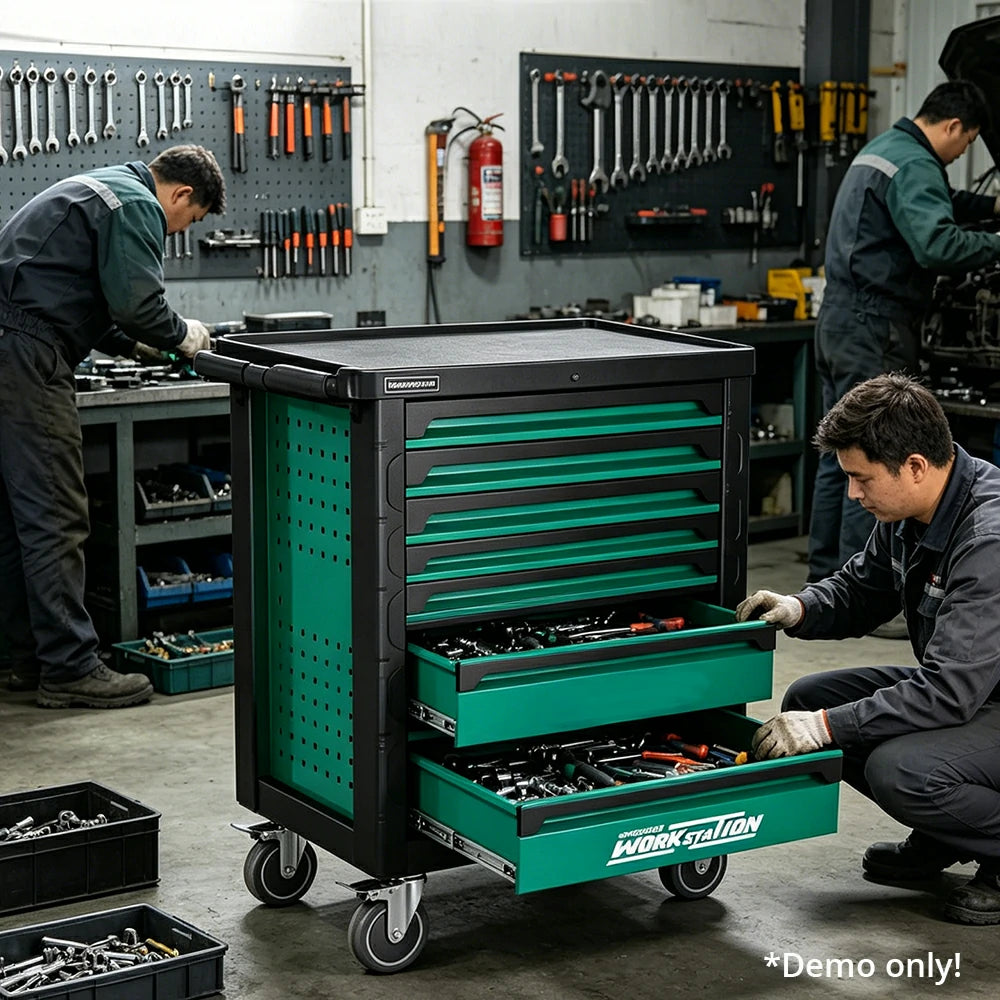 GROVIA 7 Drawer Tool Cabinet Self Lock Side Pegboard Dual Brake Silent Wheels Garage Workshop Storage - Green Black