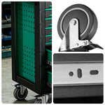 GROVIA 7 Drawer Tool Cabinet Self Lock Side Pegboard Dual Brake Silent Wheels Garage Workshop Storage - Green Black