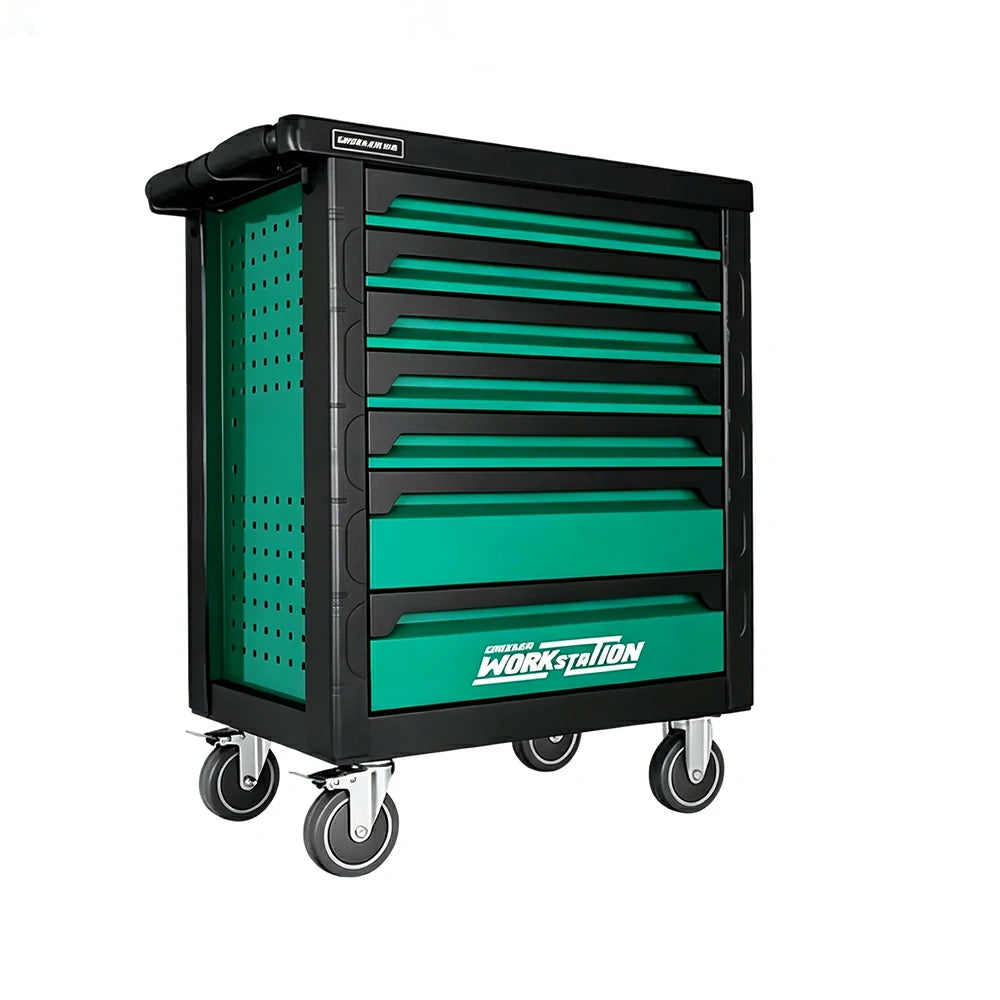 GROVIA 7 Drawer Tool Cabinet Self Lock Side Pegboard Dual Brake Silent Wheels Garage Workshop Storage - Green Black