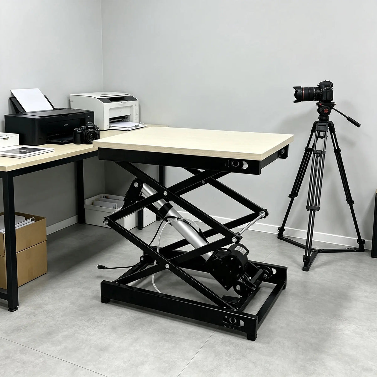 GROVIA Electric Lifting Platform Wooden Tabletop Stable Three-Leg Base for Laboratory Testing Maintenance Workbench