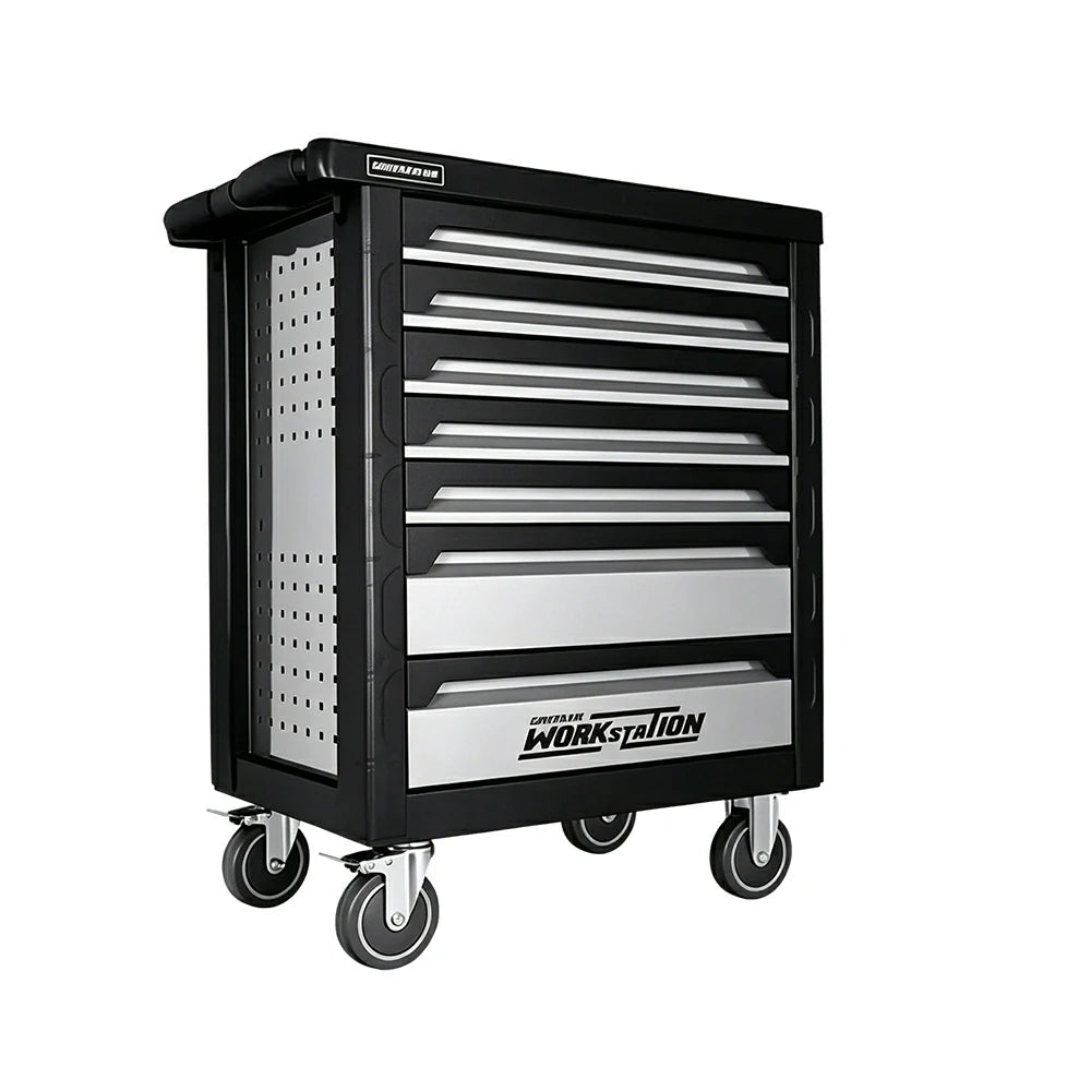 GROVIA 7 Drawer Tool Cabinet Self Lock Side Pegboard Dual Brake Silent Wheels Garage Workshop Storage - Grey