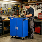 GROVIA 3 Tier Tool Cabinet Double Door No Drawer Mobile Storage Trolley Garage Workshop Heavy Duty - Blue