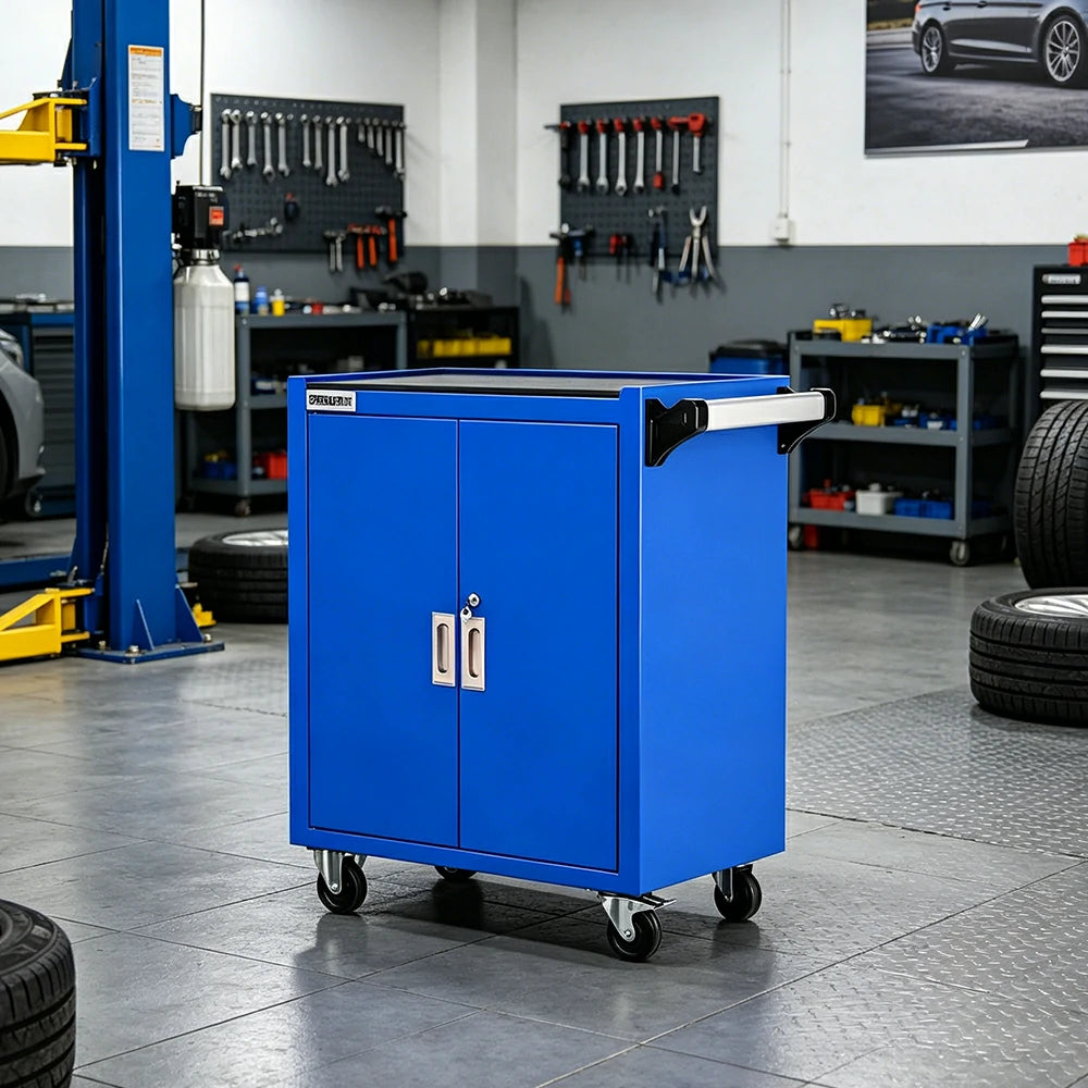GROVIA 3 Tier Tool Cabinet Double Door No Drawer Mobile Storage Trolley Garage Workshop Heavy Duty - Blue