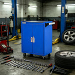 GROVIA 3 Tier Tool Cabinet Double Door No Drawer Mobile Storage Trolley Garage Workshop Heavy Duty - Blue