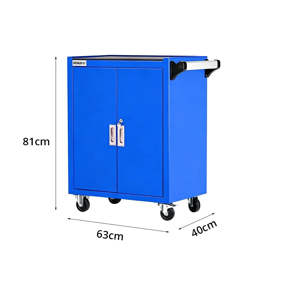 GROVIA 3 Tier Tool Cabinet Double Door No Drawer Mobile Storage Trolley Garage Workshop Heavy Duty - Blue