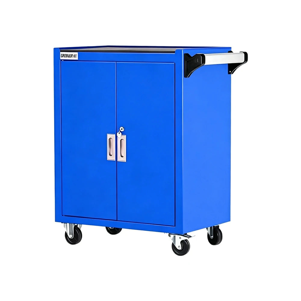 GROVIA 3 Tier Tool Cabinet Double Door No Drawer Mobile Storage Trolley Garage Workshop Heavy Duty - Blue