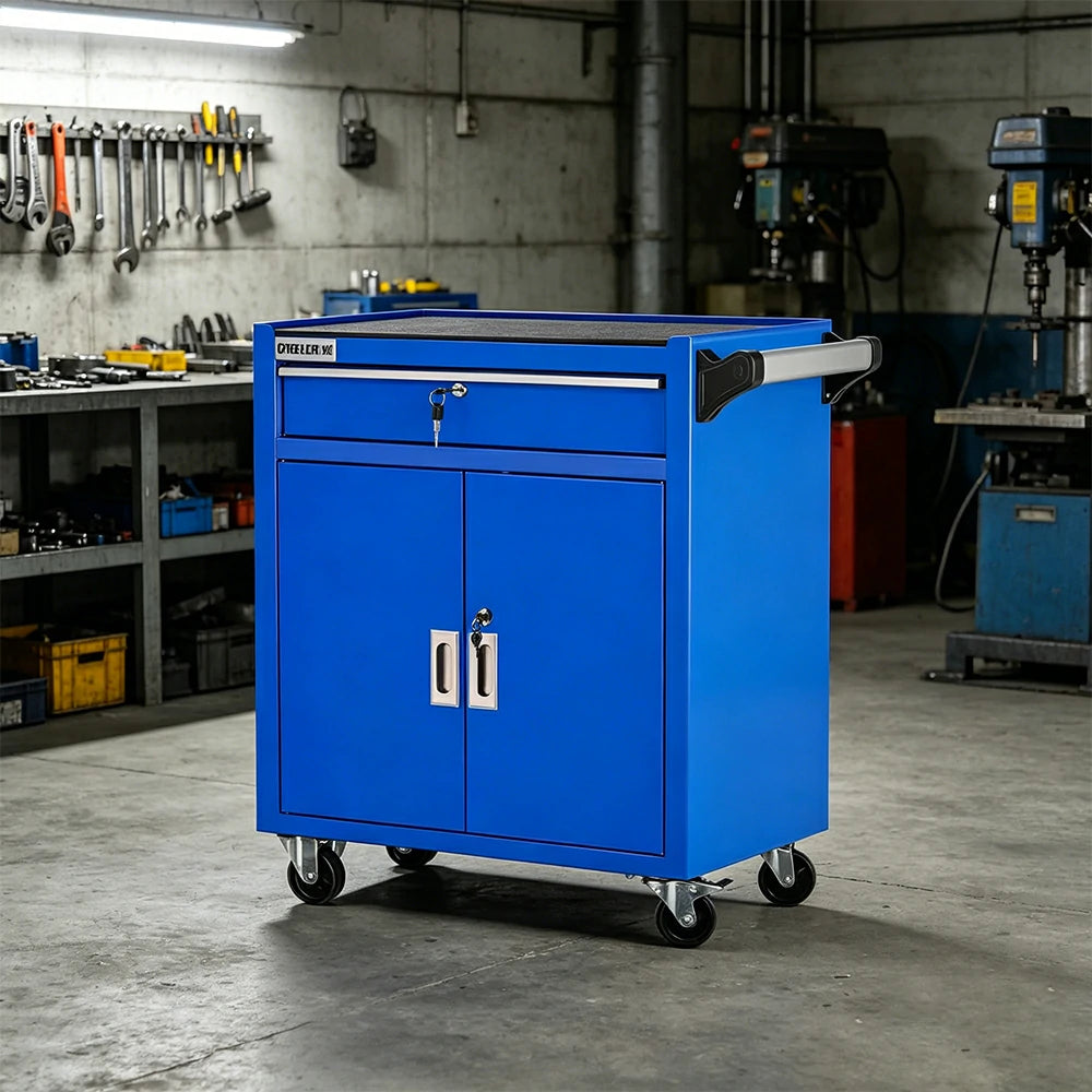 GROVIA Heavy Duty Tool Cart Single Drawer Double Door Large Capacity 630x400x810mm Garage Workshop Storage Trolley - Blue