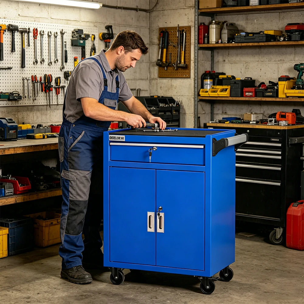 GROVIA Heavy Duty Tool Cart Single Drawer Double Door Large Capacity 630x400x810mm Garage Workshop Storage Trolley - Blue