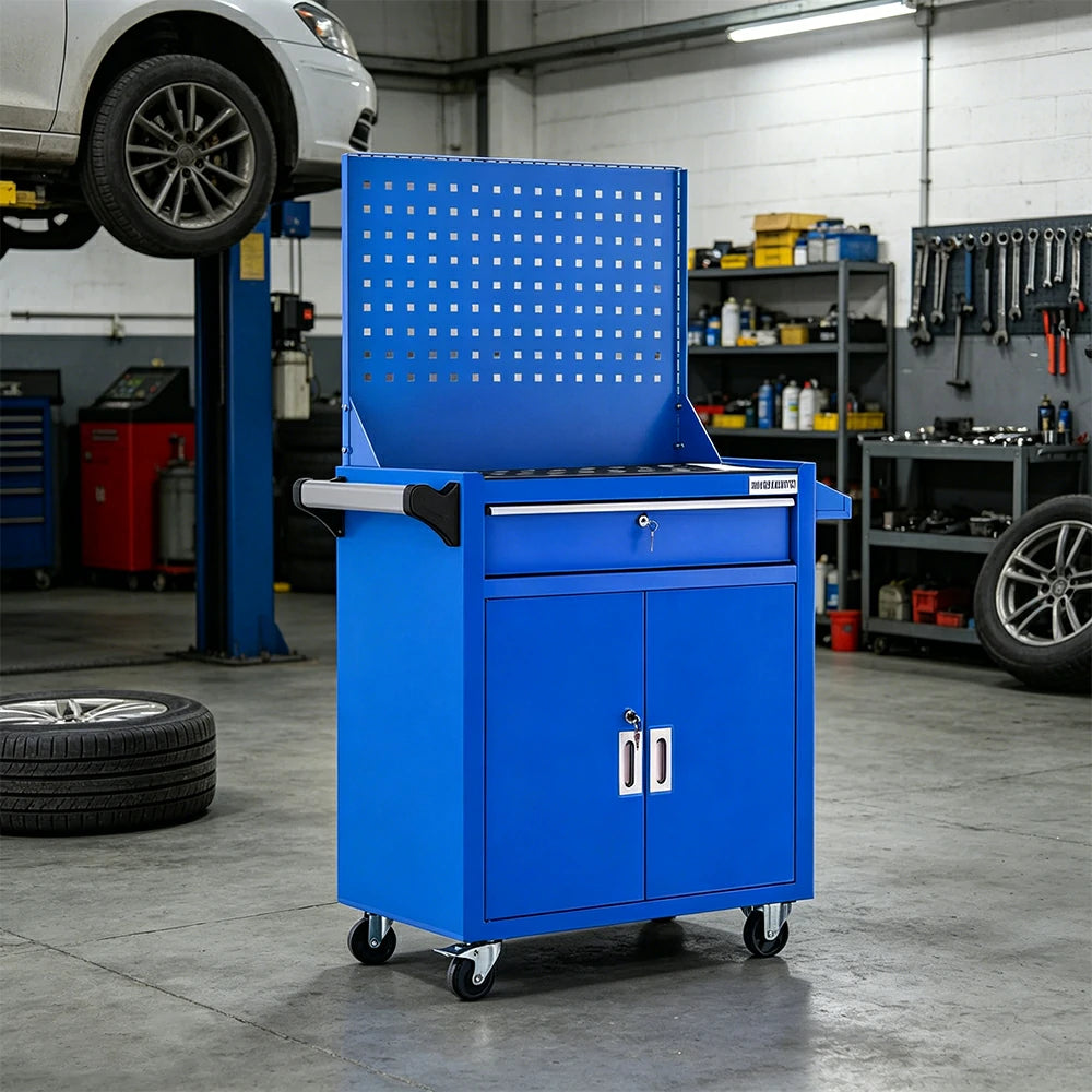 GROVIA Heavy Duty Tool Cart Double Drawer Double Door Large Capacity 630x400x810mm Garage Workshop Storage Trolley - Blue