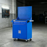 GROVIA Heavy Duty Tool Cart Double Drawer Double Door Large Capacity 630x400x810mm Garage Workshop Storage Trolley - Blue