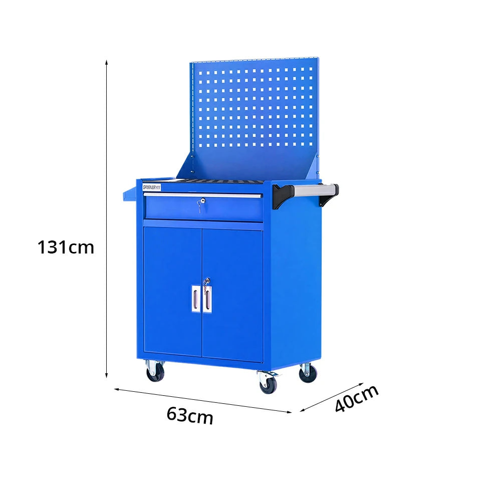 GROVIA Heavy Duty Tool Cart Double Drawer Double Door Large Capacity 630x400x810mm Garage Workshop Storage Trolley - Blue