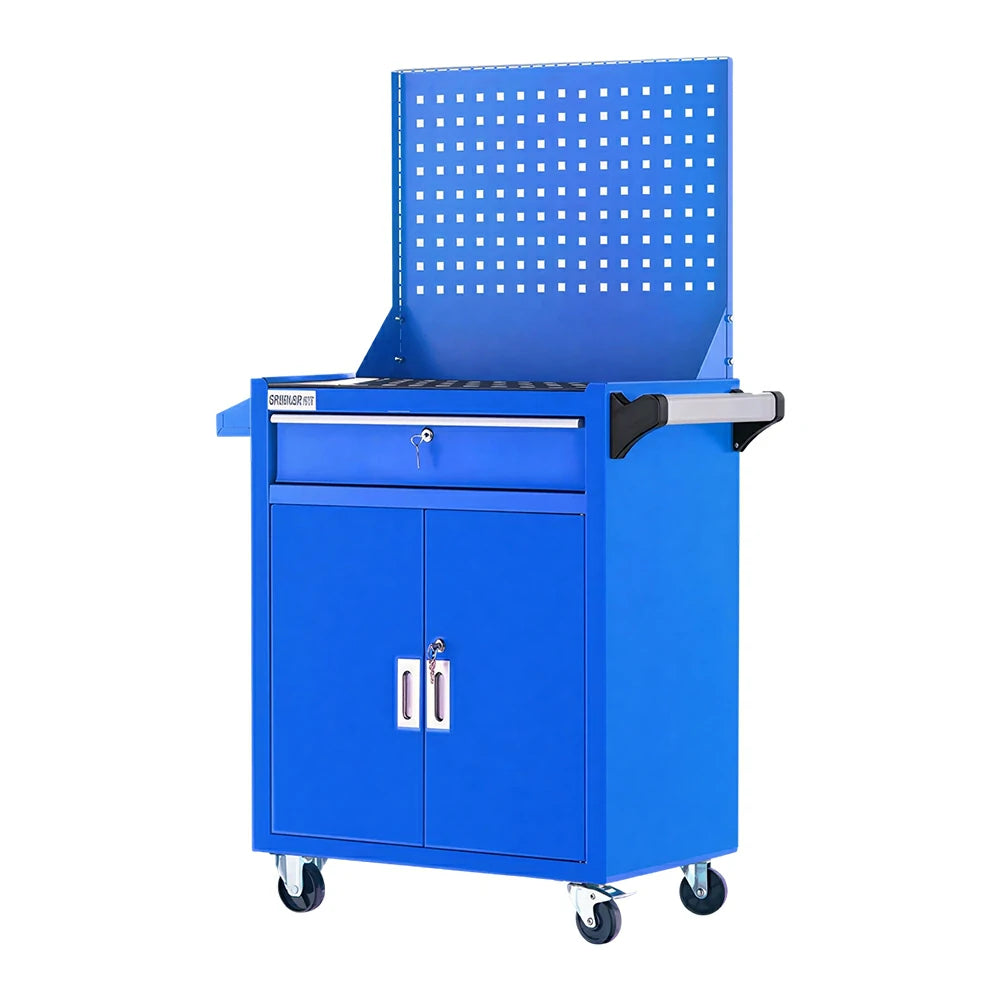 GROVIA Heavy Duty Tool Cart Single Drawer with Pegboard Back Panel 630x400x1310mm Garage Workshop Storage Trolley - Blue