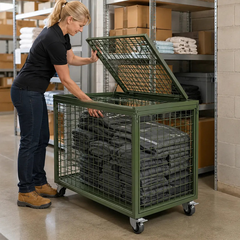 GROVIA Mobile Storage Cage Cold-Rolled Steel Flip-Up Lid Swivel Casters for Warehouse Factory Logistics