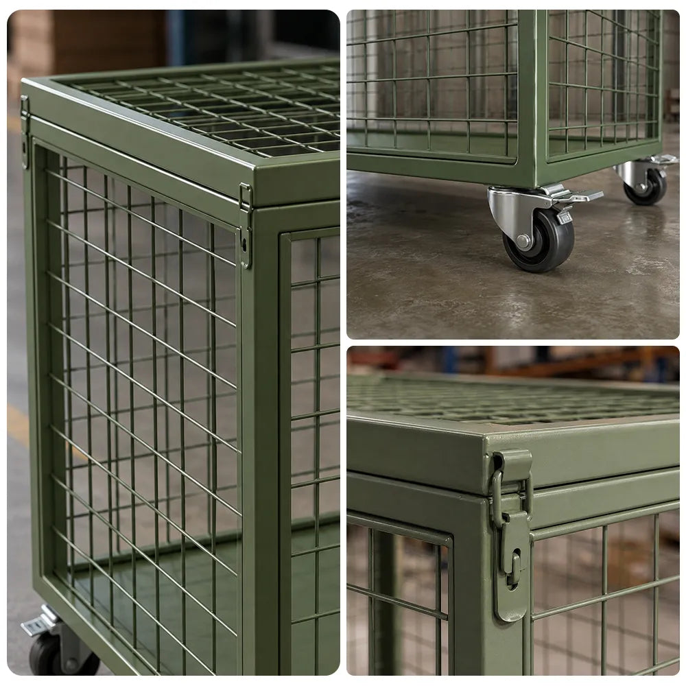 GROVIA Mobile Storage Cage Cold-Rolled Steel Flip-Up Lid Swivel Casters for Warehouse Factory Logistics