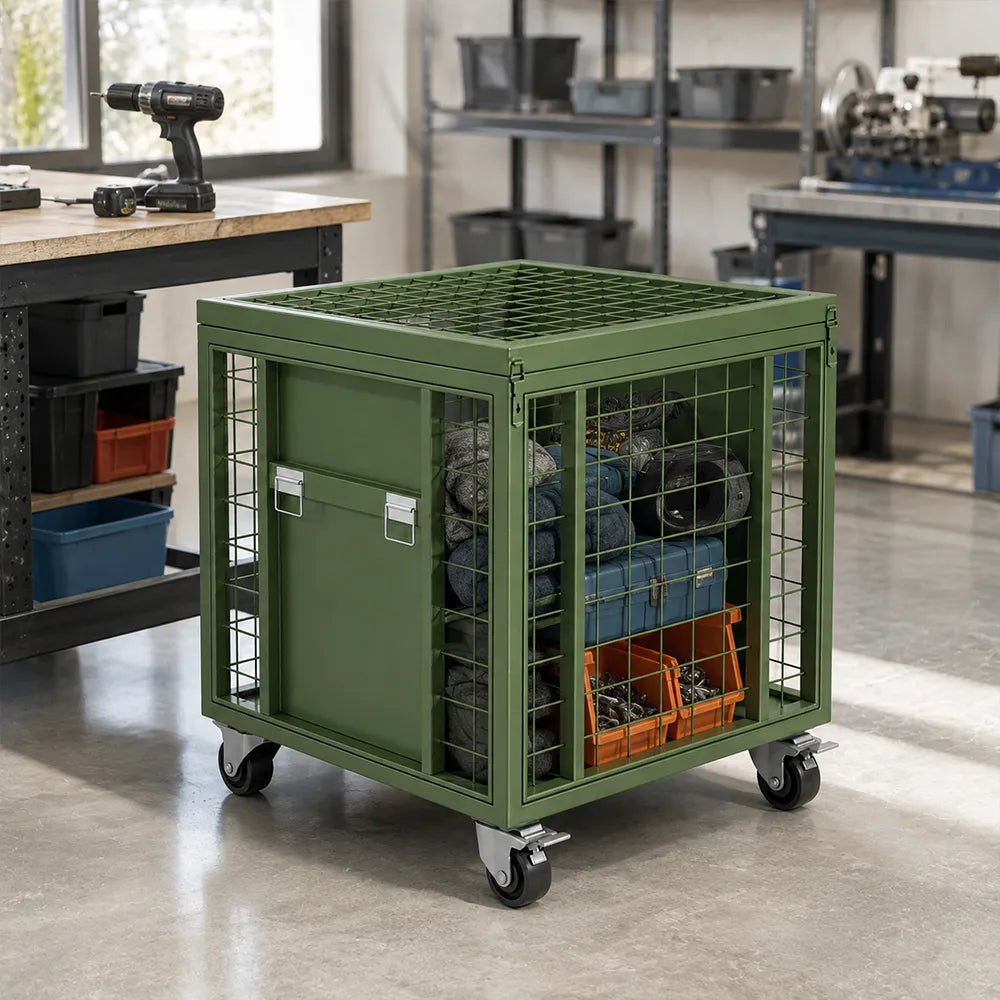 GROVIA Rolling Steel Storage Cart Large Capacity Mesh Cage Locking Lid for Warehouse Factory Material Transport