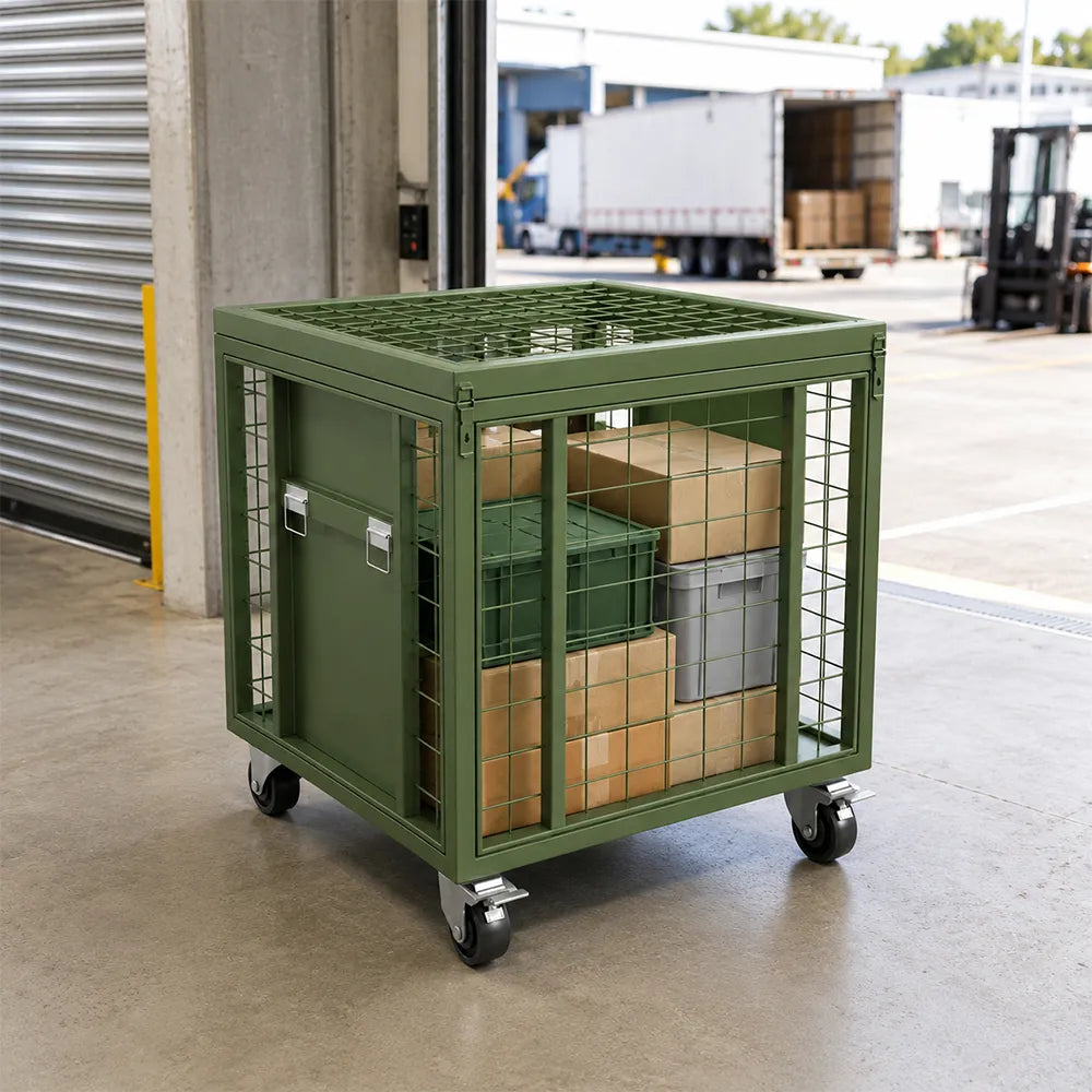GROVIA Rolling Steel Storage Cart Large Capacity Mesh Cage Locking Lid for Warehouse Factory Material Transport