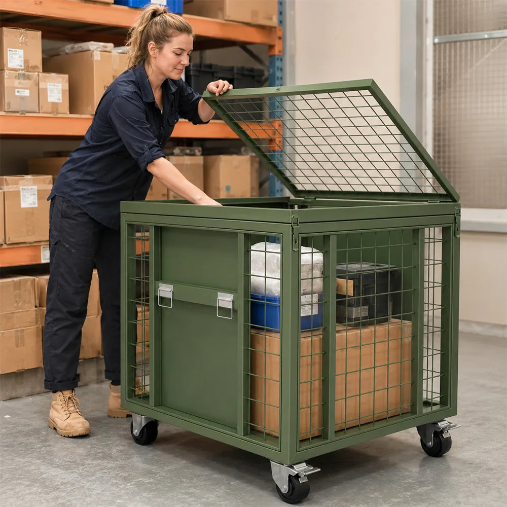 GROVIA Rolling Steel Storage Cart Large Capacity Mesh Cage Locking Lid for Warehouse Factory Material Transport