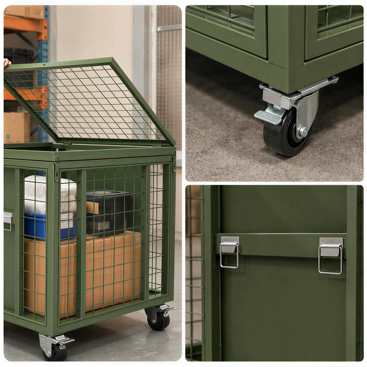 GROVIA Rolling Steel Storage Cart Large Capacity Mesh Cage Locking Lid for Warehouse Factory Material Transport