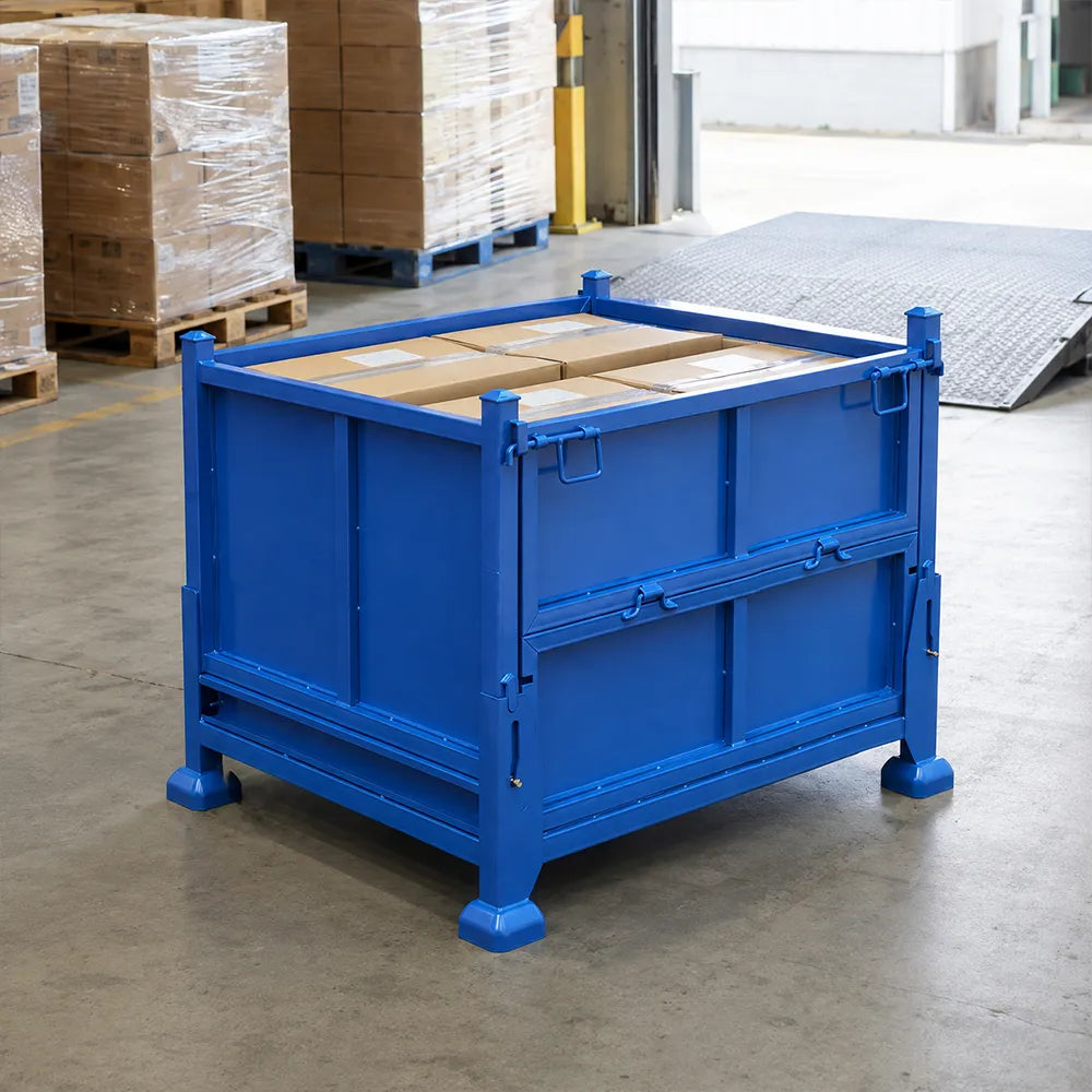 GROVIA Foldable Steel Storage Cage Sheet Metal Type Stackable Cold-Rolled Steel 100/120cm for Warehouse Factory Logistics