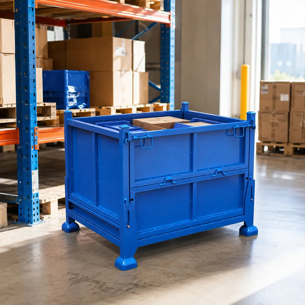 GROVIA Foldable Steel Storage Cage Sheet Metal Type Stackable Cold-Rolled Steel 100/120cm for Warehouse Factory Logistics