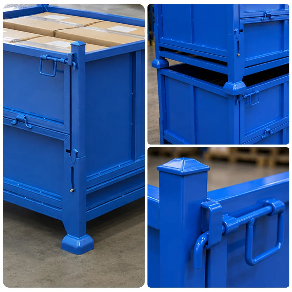 GROVIA Foldable Steel Storage Cage Sheet Metal Type Stackable Cold-Rolled Steel 100/120cm for Warehouse Factory Logistics