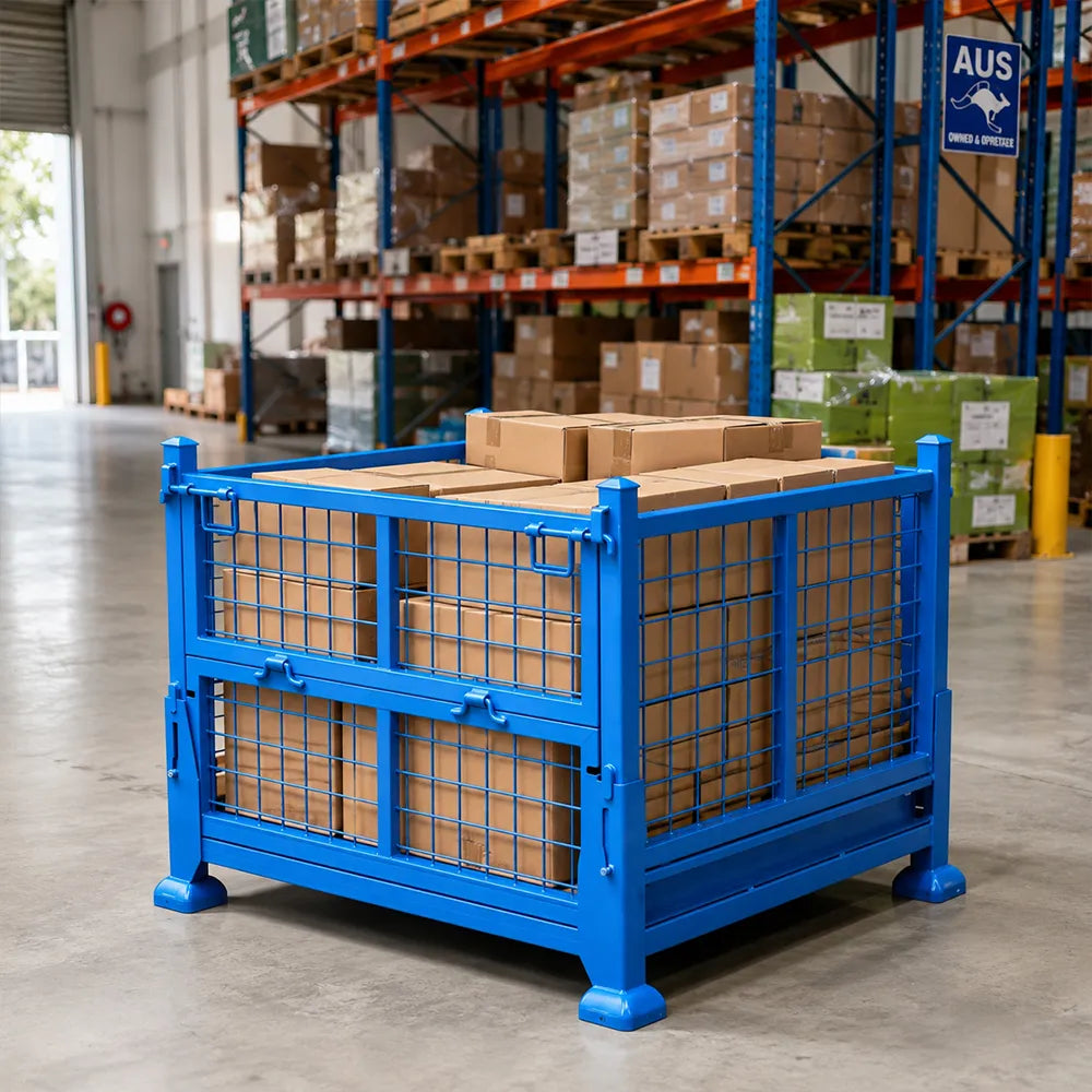 GROVIA Foldable Steel Storage Cage Mesh Type Stackable Cold-Rolled Steel 100/120cm for Warehouse Factory Logistics