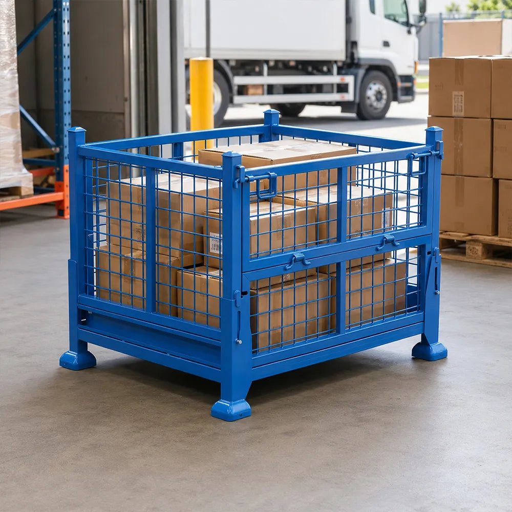 GROVIA Foldable Steel Storage Cage Mesh Type Stackable Cold-Rolled Steel 100/120cm for Warehouse Factory Logistics