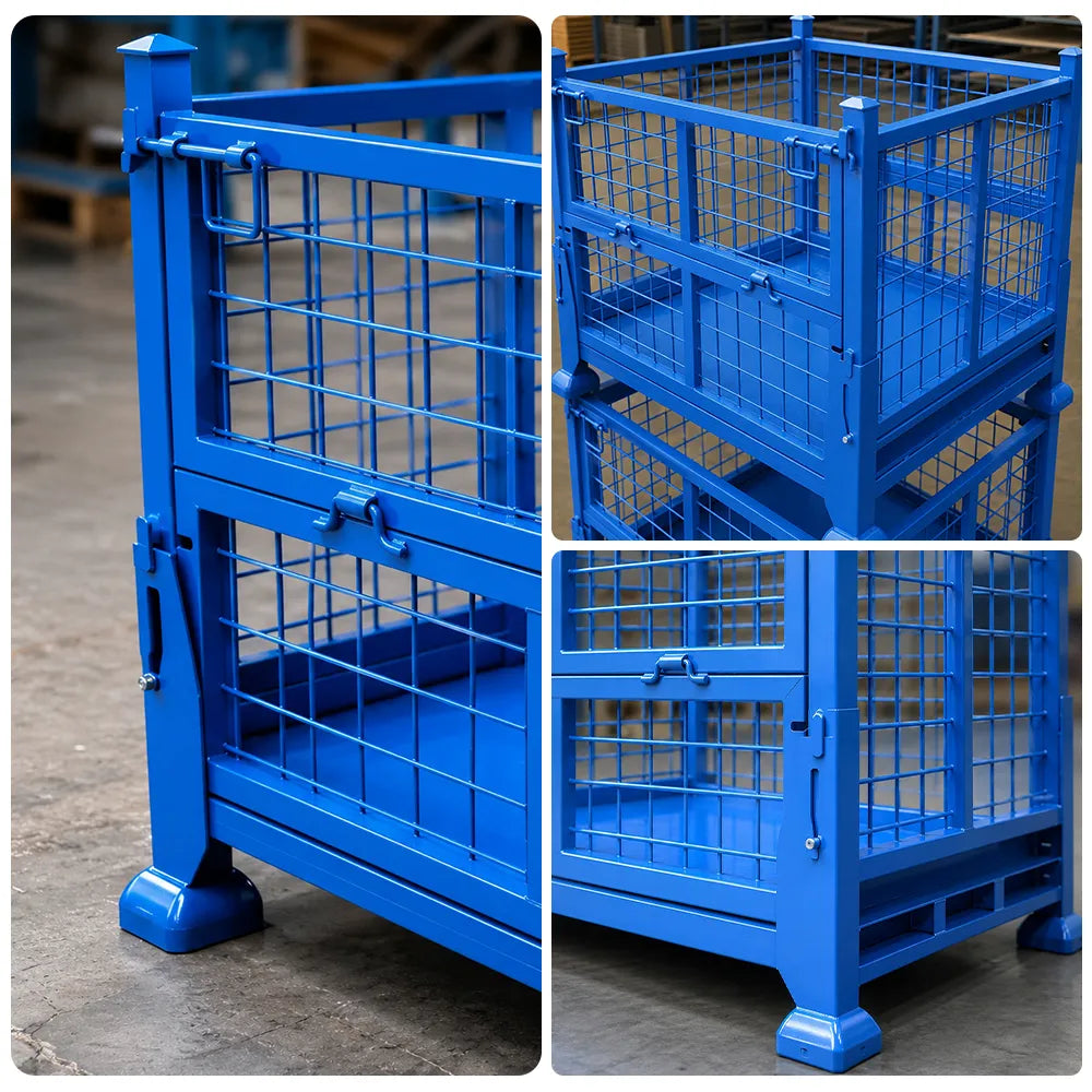 GROVIA Foldable Steel Storage Cage Mesh Type Stackable Cold-Rolled Steel 100/120cm for Warehouse Factory Logistics