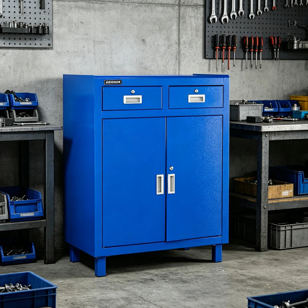 GROVIA Heavy Duty Tool Cabinet with Legs Double Door and Drawers 800x400x1000mm Factory Workshop Storage Cabinet - Blue
